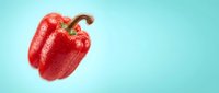 Fresh red bell pepper with water droplets isolated on light turquoise background, suitable for food, cooking, nutrition, and healthy eating design projects.