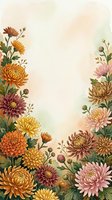 Watercolor chrysanthemum floral frame with warm autumn tones, copy space in center for text, greeting cards, invitations, and seasonal designs.