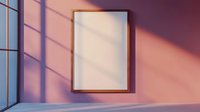 Empty wooden frame hanging on pink wall with window light casting shadows, suitable for mockups, interior design presentations, and artwork displays.