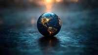 Glowing Earth globe showing Americas with city lights at night on dark textured surface with dramatic sunset lighting in background, global concept.