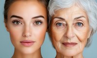Young woman and senior lady faces side by side showing aging process and beauty through generations against blue background, skin comparison concept.