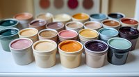 Colorful paint containers arranged in rows showcasing vibrant pigments and hues for artistic projects and creative work.
