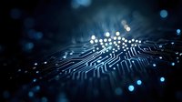 Glowing circuit board paths with bokeh light effects in dark blue tones create futuristic technology background for business and innovation concepts.