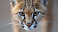 Close up portrait of serval wild cat face showing distinctive spotted markings, amber eyes, and long whiskers against blurred natural background.