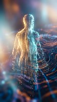 Digital human silhouette made of glowing particles and data streams with colorful light effects for technology and artificial intelligence concepts.