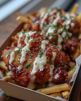 Crispy glazed chicken pieces drizzled with creamy sauce over golden french fries, garnished with fresh chopped herbs, served in takeout container.