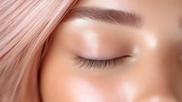 Close-up portrait of serene young woman with closed eyes and natural makeup showcasing flawless glowing skin and pink hair for beauty skincare concepts.
