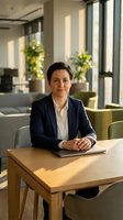 Professional businesswoman in navy blazer sitting at wooden desk in modern office with natural lighting and green plants in background.