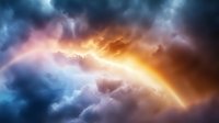 Dramatic stormy sky with glowing orange and blue clouds creating ethereal atmosphere. Vibrant sunlight breaking through dark cloudscape forms mystical arc.