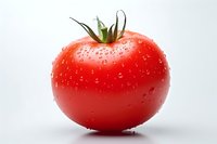Fresh ripe red tomato with water drops and green stem on white background, isolated macro shot for food photography and healthy eating concepts.