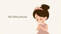 Asian girl with hair bun wearing pink crown and beige dress, smiling sweetly with hands clasped. Cute cartoon character on soft peach background for children's design.