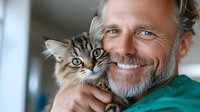 Mature Caucasian man with gray beard wearing green medical scrubs holds and cuddles friendly Maine Coon cat with striking green eyes in veterinary clinic setting.
