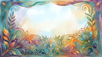 Colorful ornamental frame with swirling botanical elements and decorative flourishes in vibrant rainbow hues, isolated on white background for design projects and creative layouts.