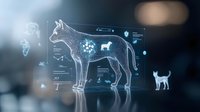 Digital hologram of dog anatomy with medical interface showing internal organs and skeletal structure on dark background with futuristic data visualization elements.