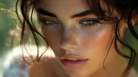 Close up portrait of young Caucasian woman with blue eyes, messy dark hair and natural makeup in warm sunlight against blurred green background. Beauty and fashion concept.