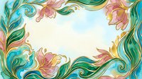 Ornamental floral frame with swirling leaves and blooms in teal, pink, and gold tones on isolated white background, ready for greeting cards, invitations, and design projects.