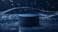 Minimalist product display platform with glowing particles and flowing light streams against dark background creates dramatic presentation space.