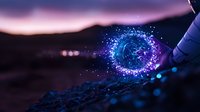 Magical glowing blue sphere with sparkles and particles floating above ground at dusk, finger pointing to mystical orb creating ethereal light effect in purple twilight.