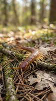 Large brown centipede crawling on forest floor among fallen leaves, moss and pine needles in natural woodland habitat for educational content.