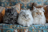 Three Persian cats with long fluffy fur sitting together on blue vintage sofa. Black and white felines with expressive eyes and luxurious coats display regal poses.