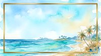 Tropical beach landscape with turquoise ocean waves, palm trees, and golden sandy shore under bright sunny sky. Watercolor style artwork suitable for travel, vacation, and resort design projects.