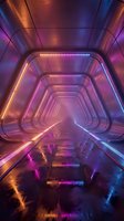 Futuristic neon tunnel with vibrant purple and orange LED lights creating perspective corridor for sci-fi gaming and technology backgrounds.