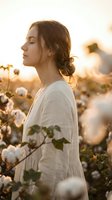 Young woman with closed eyes practicing mindfulness meditation in cotton field during golden hour sunset, wearing white dress for wellness and relaxation.