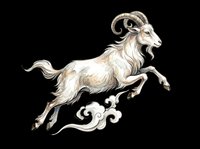 Leaping goat with curved horns in ink and watercolor style, isolated on transparent background. Great for t-shirt design, stickers, clipart, and print on demand.