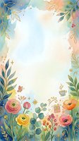 Watercolor floral frame with gold accents, colorful flowers, leaves, and berries surrounding a soft pastel center for cards and invitations.