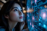 Young Asian woman gazing at futuristic digital interface with glowing blue and pink lights, expressing wonder and curiosity against dark background with bokeh effect.