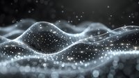 Glowing abstract wave pattern with sparkling particles and bokeh effects on dark background, flowing energy lines in monochrome style.