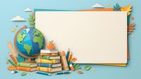 Back to school concept with globe, stacked books, pencils and blank banner on blue background for educational content and learning materials.