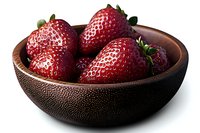 Fresh ripe strawberries in textured brown ceramic bowl against white background, dramatic side lighting creates depth and shadows for food photography.