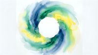 Watercolor swirl in blue, green, and yellow tones with central white circle, isolated on light background. Suitable for design projects, backgrounds, and creative compositions.