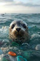Curious seal pup swimming in ocean water with plastic waste pollution highlighting marine environmental conservation and wildlife protection needs.