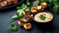 Grilled tofu skewers with creamy peanut dipping sauce, garnished with fresh cilantro on dark background. Perfect for vegetarian appetizers.