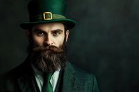 Bearded man in green leprechaun costume with traditional hat against dark background. St Patrick's Day celebration portrait with dramatic lighting and vintage style.