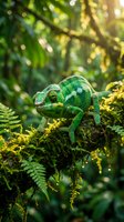 Green chameleon resting on moss-covered branch in tropical rainforest with sunlight filtering through lush foliage creating natural bokeh background.
