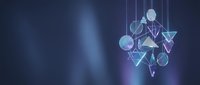 Abstract geometric shapes hanging mobile with spheres triangles and diamonds in blue purple gradient background for modern design projects.