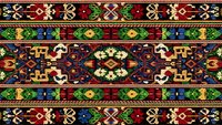 Traditional ethnic carpet pattern with geometric motifs in rich colors. Ornate tribal textile design featuring intricate borders and central medallions.