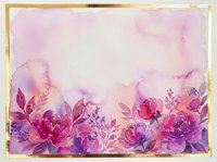 Watercolor floral card with pink and purple blooms, gold border, soft pastel background, copy space for text, wedding or greeting design.