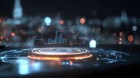 Futuristic glowing platform with holographic city skyline projection against dark background with bokeh lights and circular neon elements.
