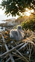 Young pelican chick sitting in nest made of twigs and dried grass during golden hour sunset light filtering through coastal vegetation near ocean shoreline.