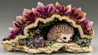 Enchanting hedgehog inside crystal geode cave with blooming pink dahlias and amethyst clusters, magical woodland fantasy art on dark background.