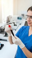 Female laboratory technician examining blood sample in test tube wearing safety glasses and gloves in modern medical lab for diagnostic testing.