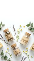 Natural herbal medicine bottles with cork stoppers containing green tea extract, ashwagandha powder and milk thistle capsules surrounded by chamomile flowers.