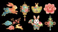 Colorful Asian-inspired decorative elements collection featuring rabbit, lantern, flower, and traditional ornaments isolated on transparent background. Ready for clipart, t-shirt design, stickers, and print-on-demand projects.