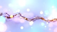 Delicate curved branch with soft glowing bokeh lights against dreamy pastel purple and blue background creates magical winter holiday atmosphere.