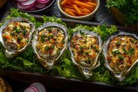 Baked oysters topped with melted cheese and herbs served on bed of fresh lettuce leaves, garnished with sliced carrots and red onions on rustic wooden platter.