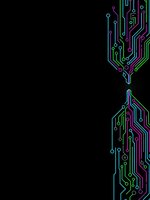 Futuristic circuit board pattern with neon lines on black background for technology and digital design projects.